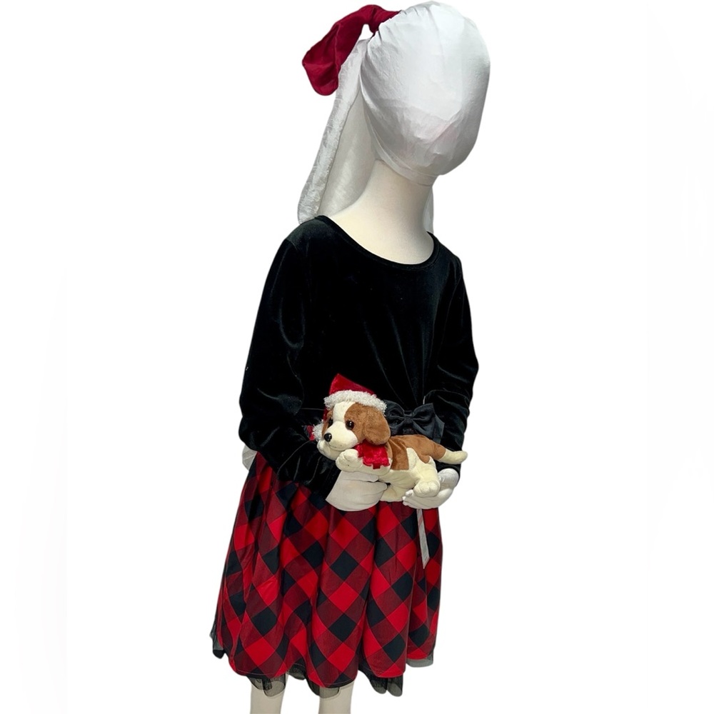 Little Girl Holiday Plaid Dress Red Black Girl Size 7/8/Medium satin Bow Sleeves